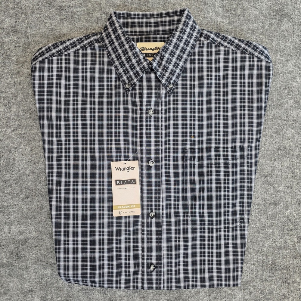 NWT Wrangler Riata Shirt Mens Medium Black White Plaid Classic Fit Western Rodeo